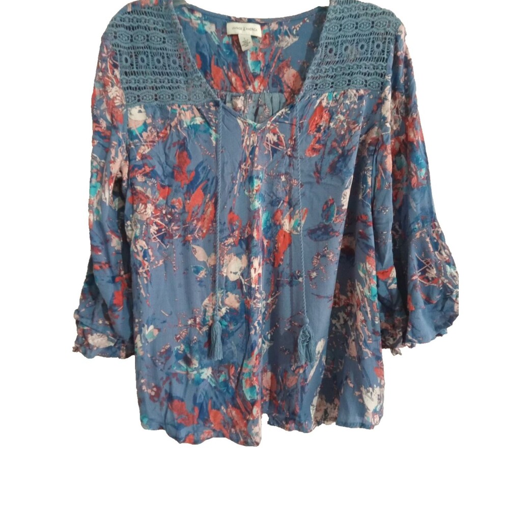 Vintage America Blouse Top Shirt Women's Size  Large Boho 3/4 Sleeve Bell